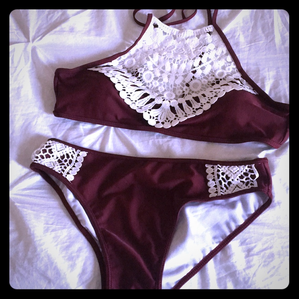 Burgandy white lace bikini